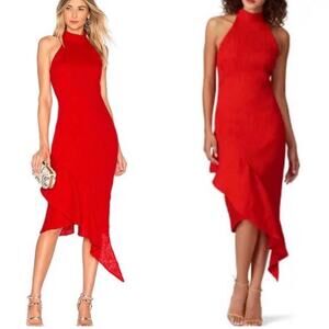 ELLIATT  Felice Dress Red Sleeveless Asymmetric Hem  High Neck Ruffles Size XL
